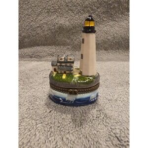 Lighthouse Trinket Box With Small House And Water Accents Brass Closure Ceramic